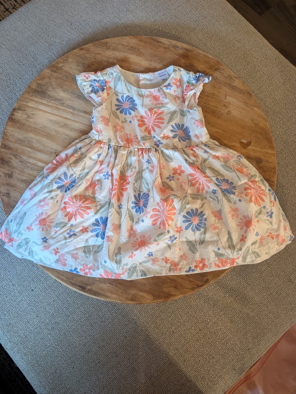 Floral Ruffle Sleeve Cotton Dress - Cream with Coral & Blue Flowers
